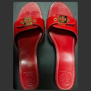 Tory Burch Red & Navy Patent Slides